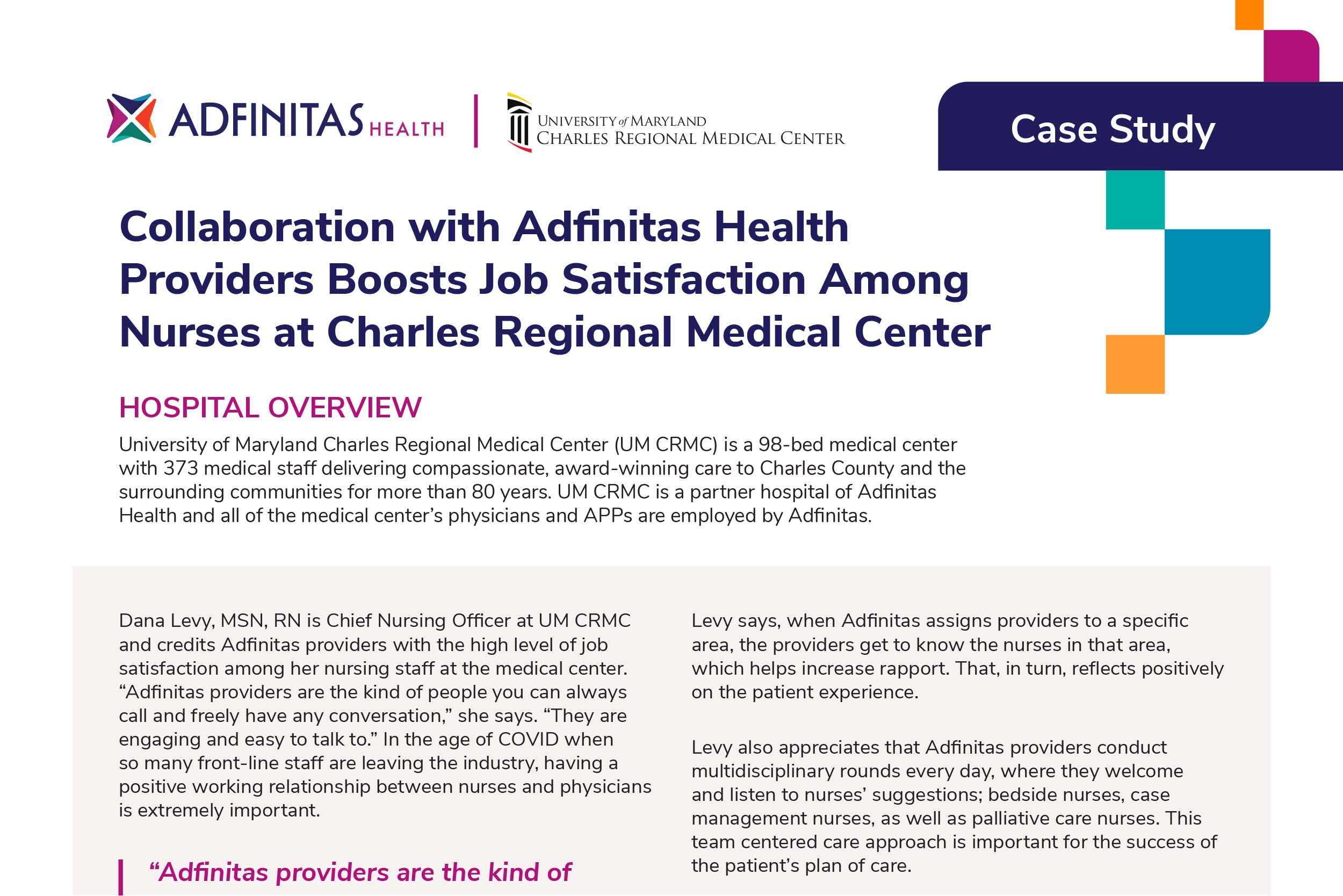 Collaboration with Adfinitas Health Providers Boosts Job Satisfaction Among Nurses at Charles Regional Medical Center